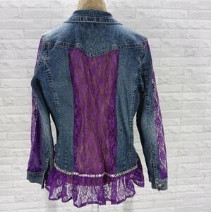 HAND CRAFTED Jacket Denim Upcycled Blue Jean Purple Lace Embellished XL